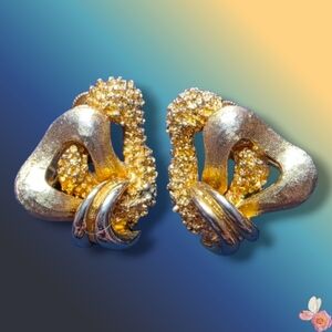 Coro Clip On Earrings Gold Tone Rhinestone Textured Vintage 859